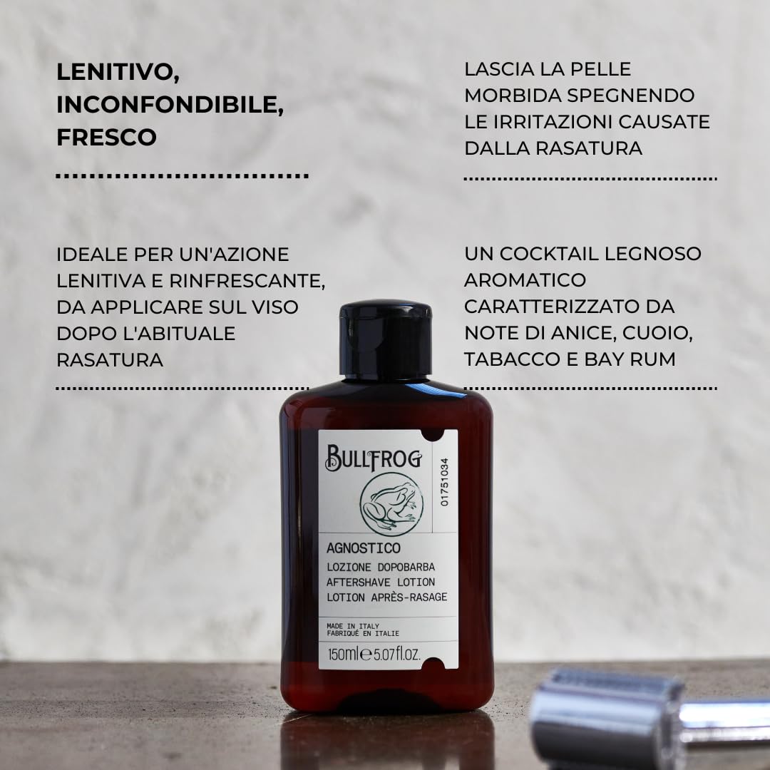 Bullfrog - Agnostico Dopobarba: Dopobarba Rinfrescante e Lenitivo con 92% Ingredienti Naturali, Fragranza Legnosa e Aromatica, Azione Tonificante e Comfort Prolungato, 150 ml