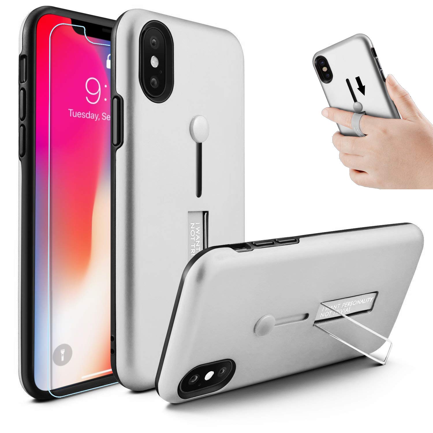 OWRORAiPhone Xs Max Case, Finger Strap Case Finger Ring Band with Kickstand Case[with Tempered Glass Screen Protector] Rugged Case for iPhone Xs Max 6.5“ (Silver)