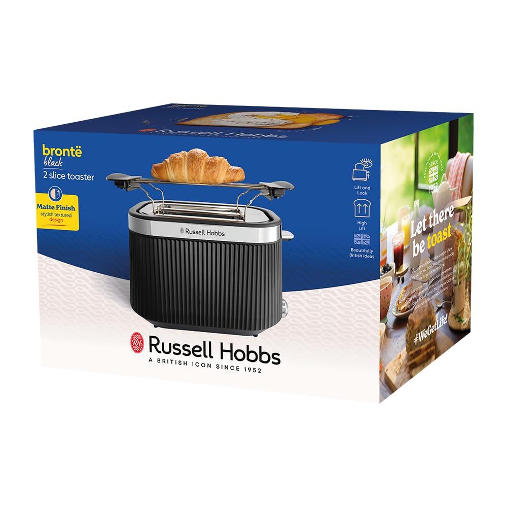 Russell Hobbs Grille pain [pour 2 tranches] Brontë Noir (6 réglages, finition mate, accents argentés, décongélation, réchauffage, surélévation, Lift & Look, support pour petits pains) 26760-56
