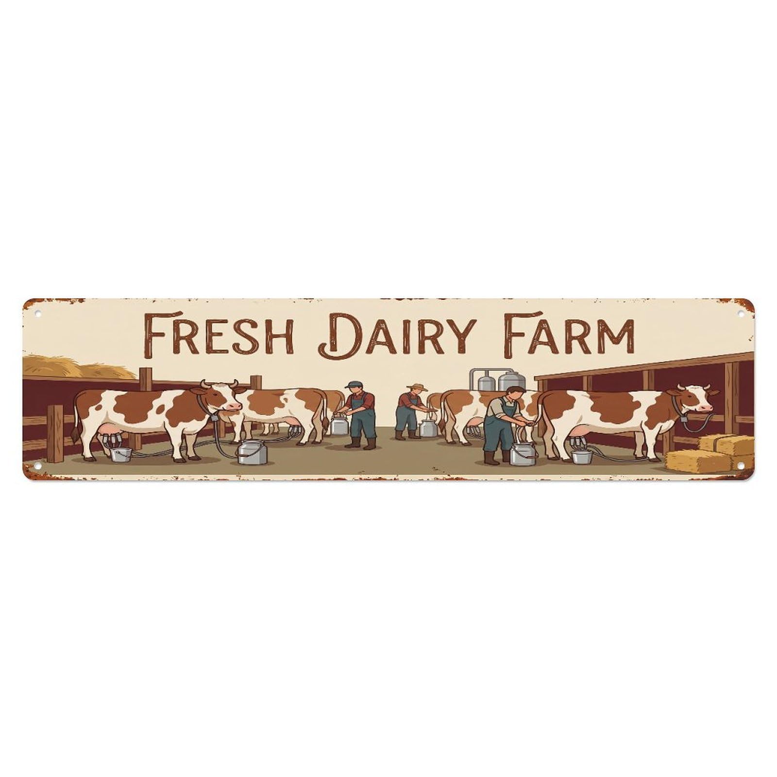 Metal Tin Sign Vintage Dairy Cow Farm Scene Fresh Dairy Farm