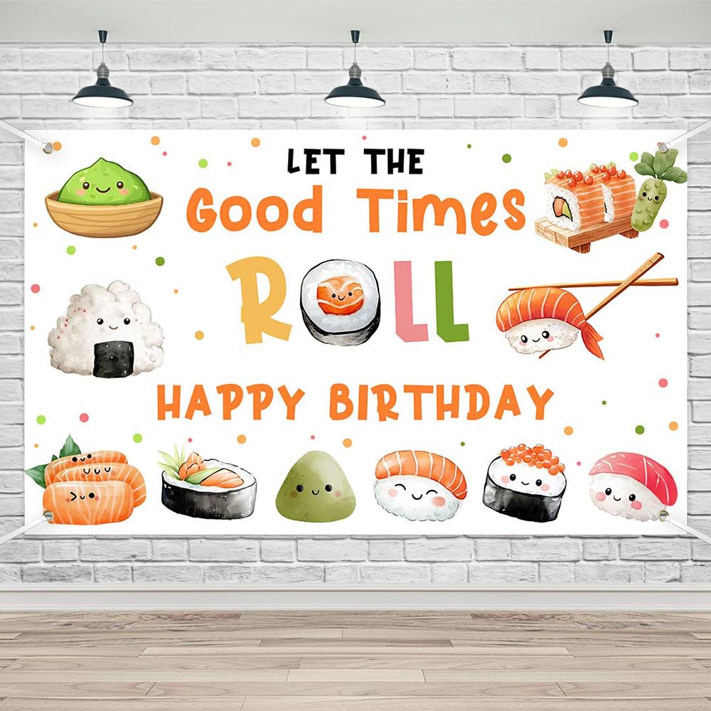 Cartel de feliz cumpleaños de sushi para niños – 70.8 x 43.3 pulgadas, suministros de fiesta de sushi kawaii, decoraciones temáticas japonesas para fiesta de cumpleaños de niños, rollo de