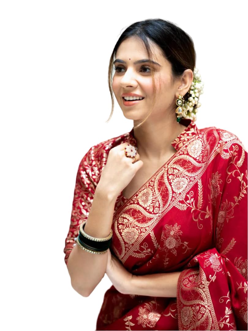 Flosive Women's Kanjivaram Silk Saree With Weaving Work Gold Zari With Blouse Piece (Red)