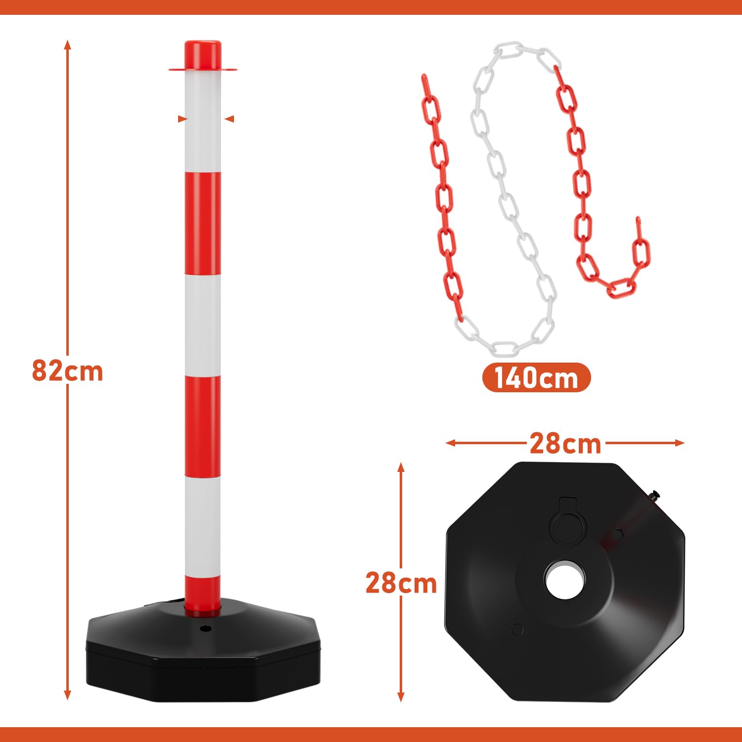Eulenke 2 Set（4 Stück） Absperrpfosten 85 * 28.5 * 28.5 cm, Sperrpfosten mit Kunststoffketten(140cm), Befüllbarer Boden, Geeignet für Parkplätze, Straßenwartungsabschnitte usw, rot-weiß