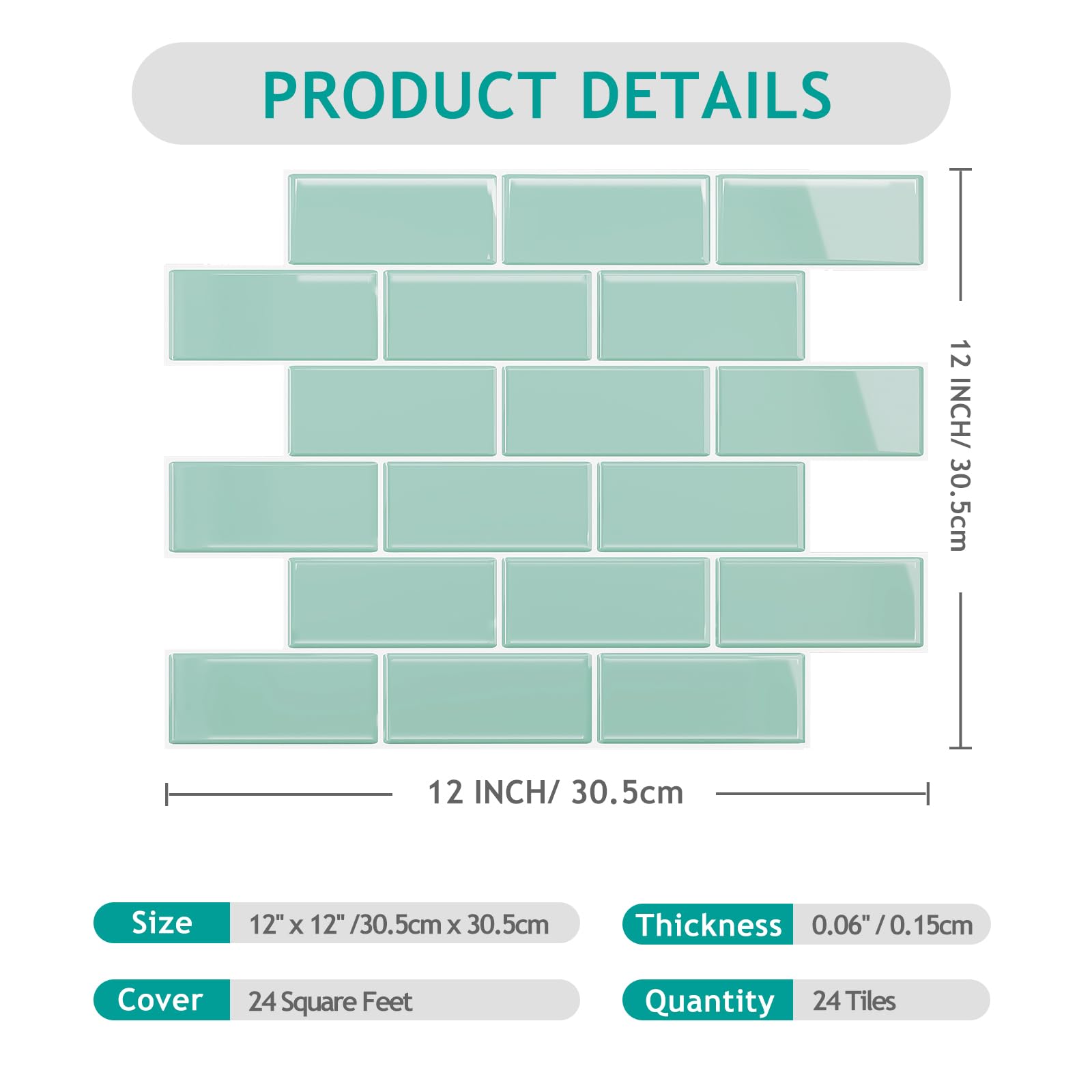 VEELIKE Azulejos Adhesivos 3D Para Baño Y Cocina Baldosas Adhesivas Pared Cocina Rectángulos Verde Menta Vinilos Para Pared Pegatinas De Baldosas 30.5cm×30.5cm 24 Piezas
