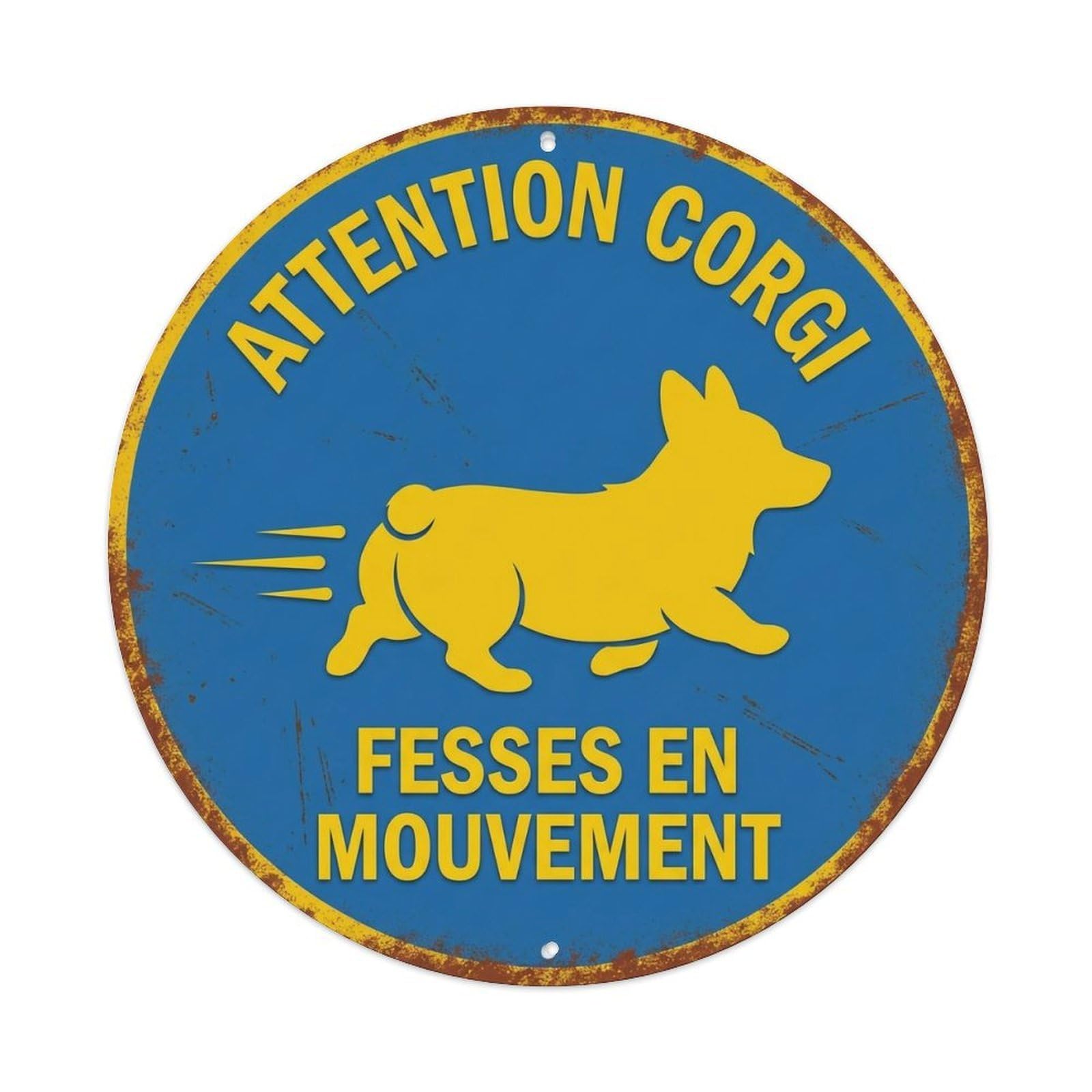 Corgi Wiggle Warning Round Wall Hanging Metal Tin Sign