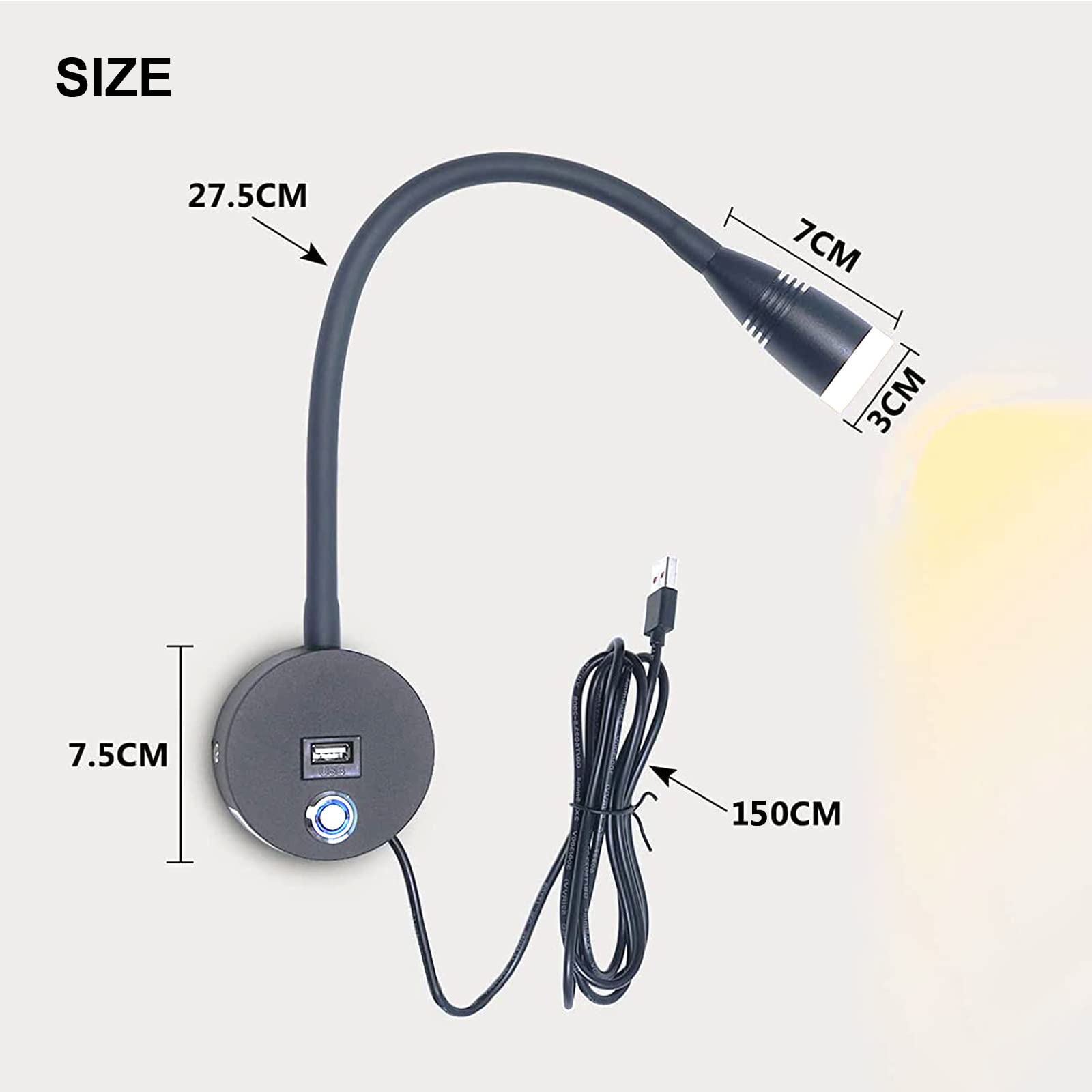 VOMI 3W LED Leselampe Bett Wandmontage Schlafzimmer Wandlampe Dimmbar mit Touch Schalter & USB Port, 2 Stück Wand-Leselampen 360° Flexible Schwanenhals Lampe Schwarz Wandspot mit USB-Stecker