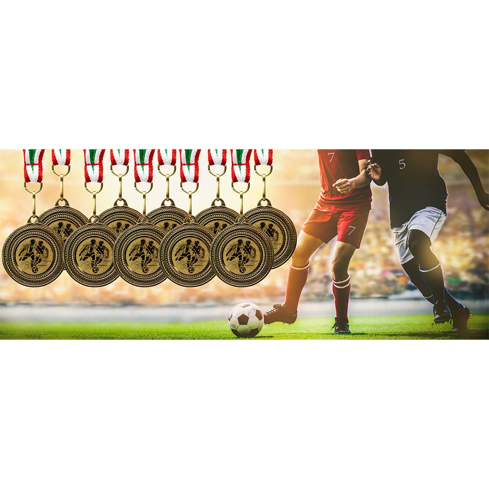 Fábrica de trofeos – Medallas de fútbol – Juego de 10 medallas de metal – Medalla de fútbol dorada para colgar para premios de premios – Medallas para niños con cinta verde y blanco rojo y emblema