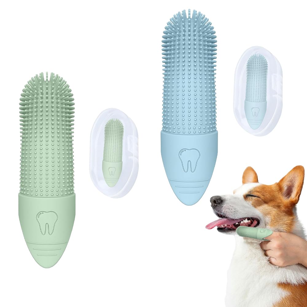 2 PCS Dog Finger Toothbrush Silicone Pets Teeth Cleaning Toothbrush 360° Bristles Dog Cat Dental Brushes Kit with Storage Cases for Teeth Cleaning Tartar Removal Fresh Breath and Gum Health