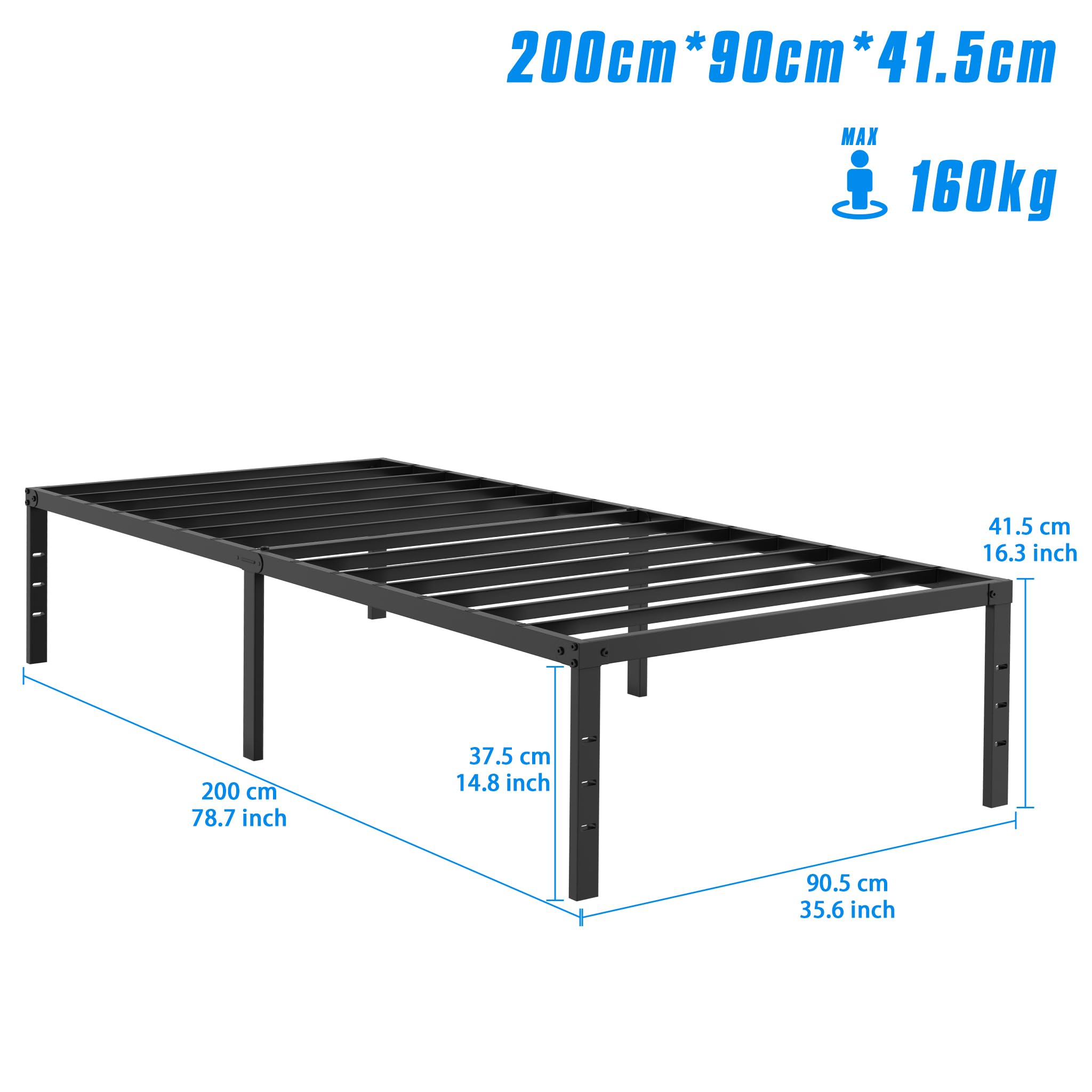 SUBTLETY Klappbare Einzelbettgestell 90x200cm Metall Bettrahmen Modern Jugendbett mit Lattenrost belast bis 160KG Unterbettaufbewahrung Gästebett Schwarz Bettgestell für Schlafzimmer/Gästezimmer/Büro