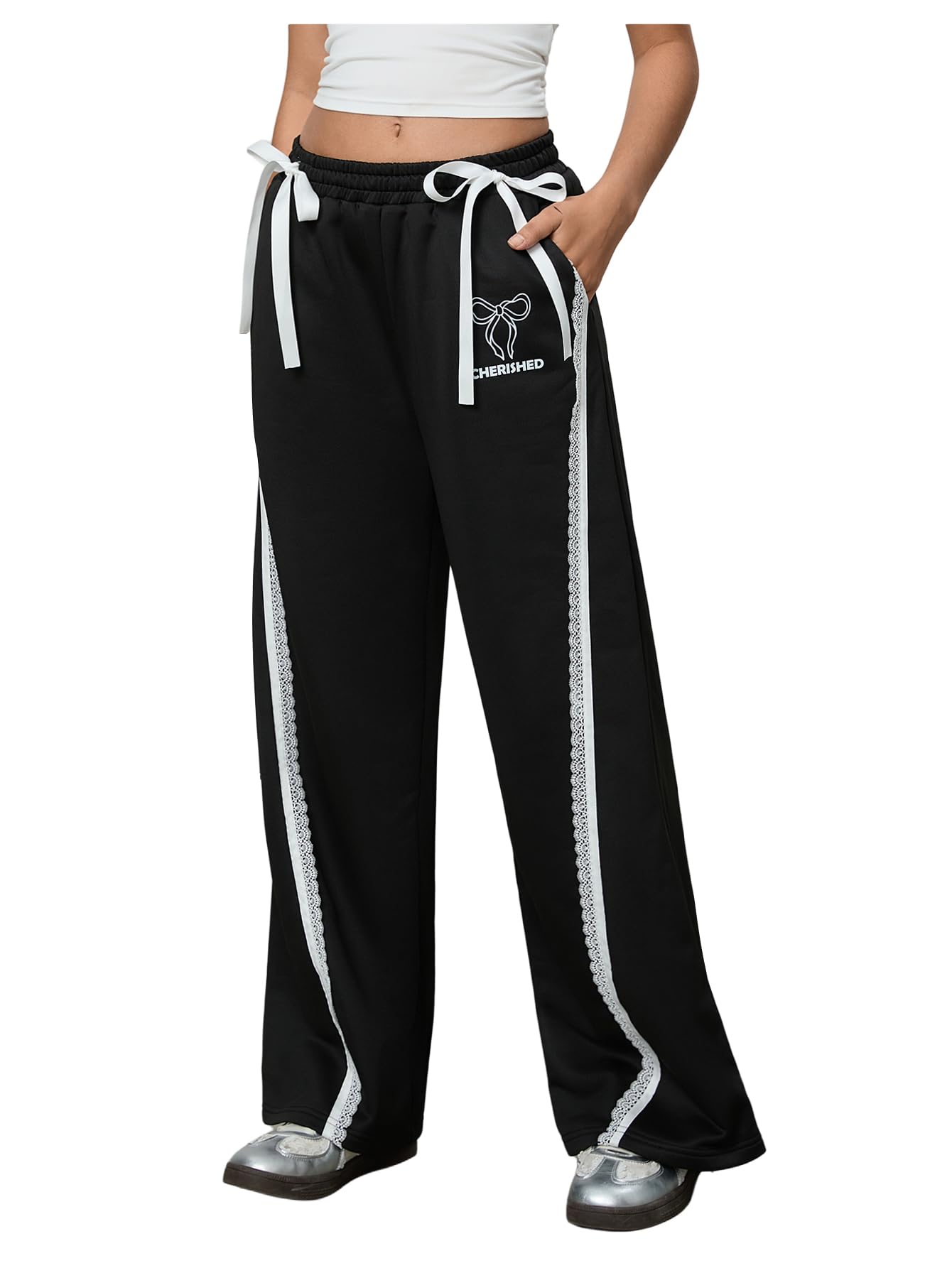 Verdusa Womens Bow Lace Y2k Sweatpants Straight Leg Casual Long Pants with Pockets Spring Fall Clothes