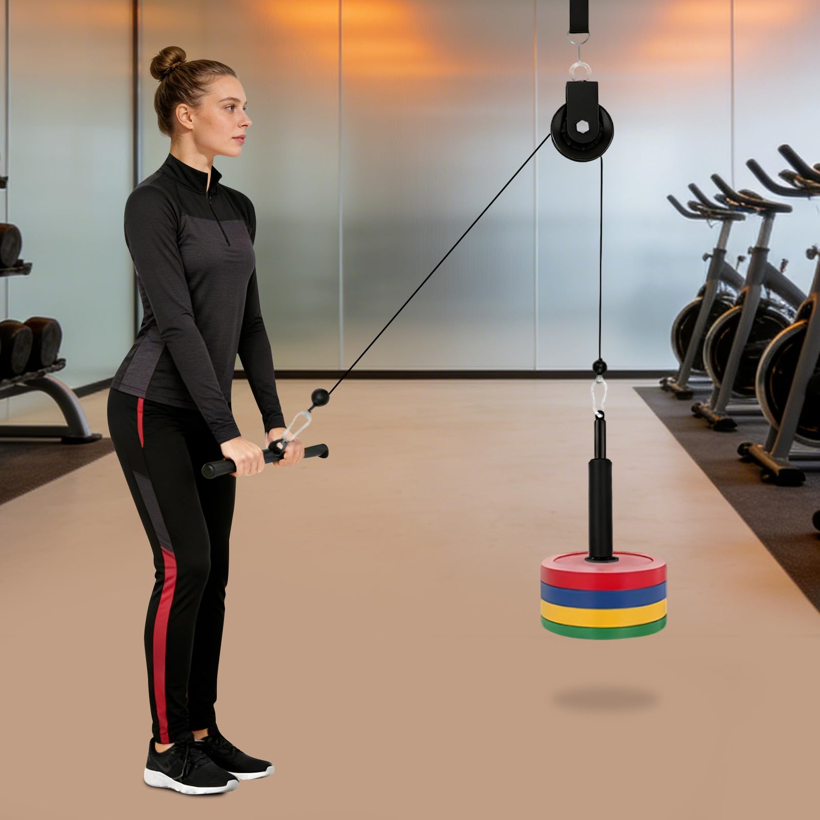 Sistema de poleas, estación de poleas de 120 kg, cable de fitness con barra ajustable, asas antideslizantes, cuerda de acero, ruedas de nailon silenciosas, gimnasio en casa