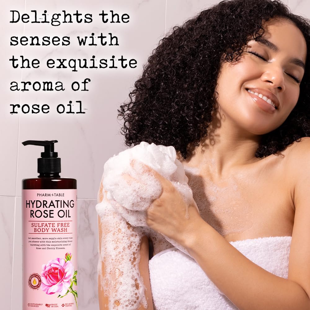 PHARM TO TABLE Gel doccia idratante con olio di rosa, per donne e uomini: idrata e illumina la pelle, senza solfati, 100% cruelty free, 480 ml