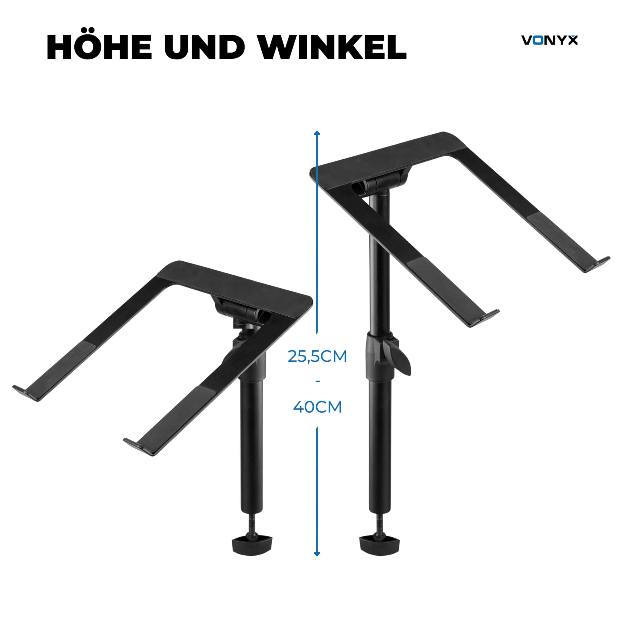Vonyx DBLH1 Laptop Halterung für DJ Booth & Tisch – Höhenverstellbarer Laptop Arm & Ständer neigbar – Stabiler Laptophalter aus Metall für Controller & Notebooks – Klappbar, Bis 8kg Traglast, Schwarz