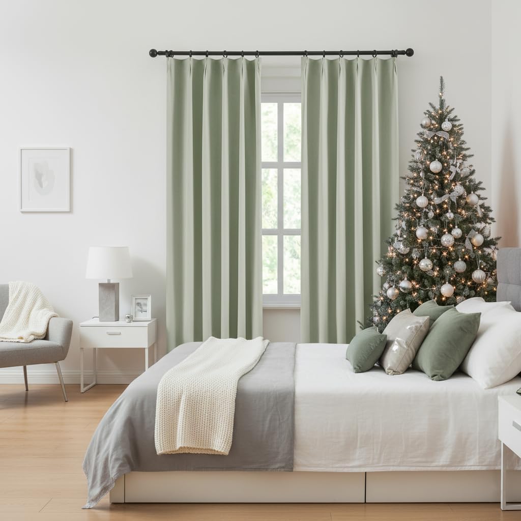Jubilantex Green Pinch Pleated Full Blackout Curtains 84 Inches Long for Bedrooom Faux Linen Curtains Farmhouse Thermal Insulated Window Treatments Set with Hooks for Living Room,Sage 2 Panels