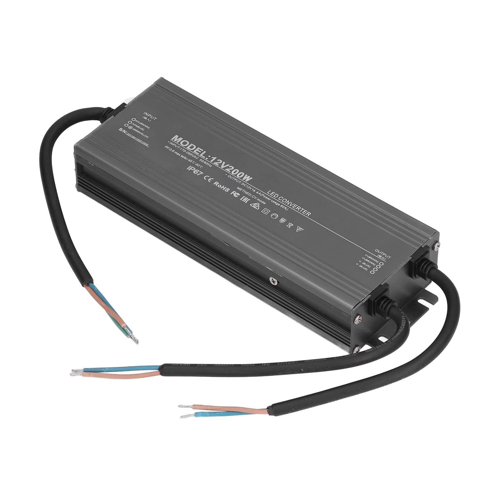 Folany LED Driver 200 Waterproof IP67 Power Supply Transformer Adapter, AC170‑265V LED Driver Lighting Transformer for LED Light, Computer Project, Outdoor Light, Low Voltage