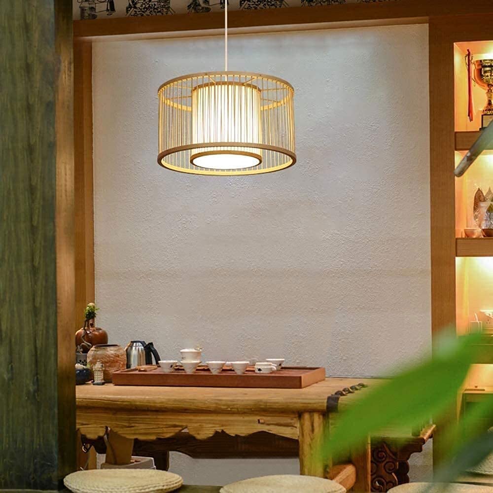 SXECAEPS E27 Rattan Retro Simple Classic Natural Bamboo Chandelier Creative Weaving Bedroom Restaurant Bar Japanese Style Bed and Breakfast Chandeliers Zen Tea Room Tatami Table Lamp Intere