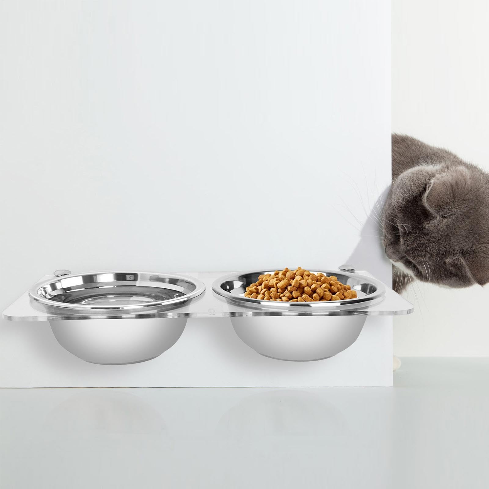Mangiatoia rialzata per animali domestici, 38,5 x 20 cm, supporto per | ciotole in acrilico da parete, set di doppi in acciaio inossidabile, stazione 'acqua per cibo da appendere, supporto