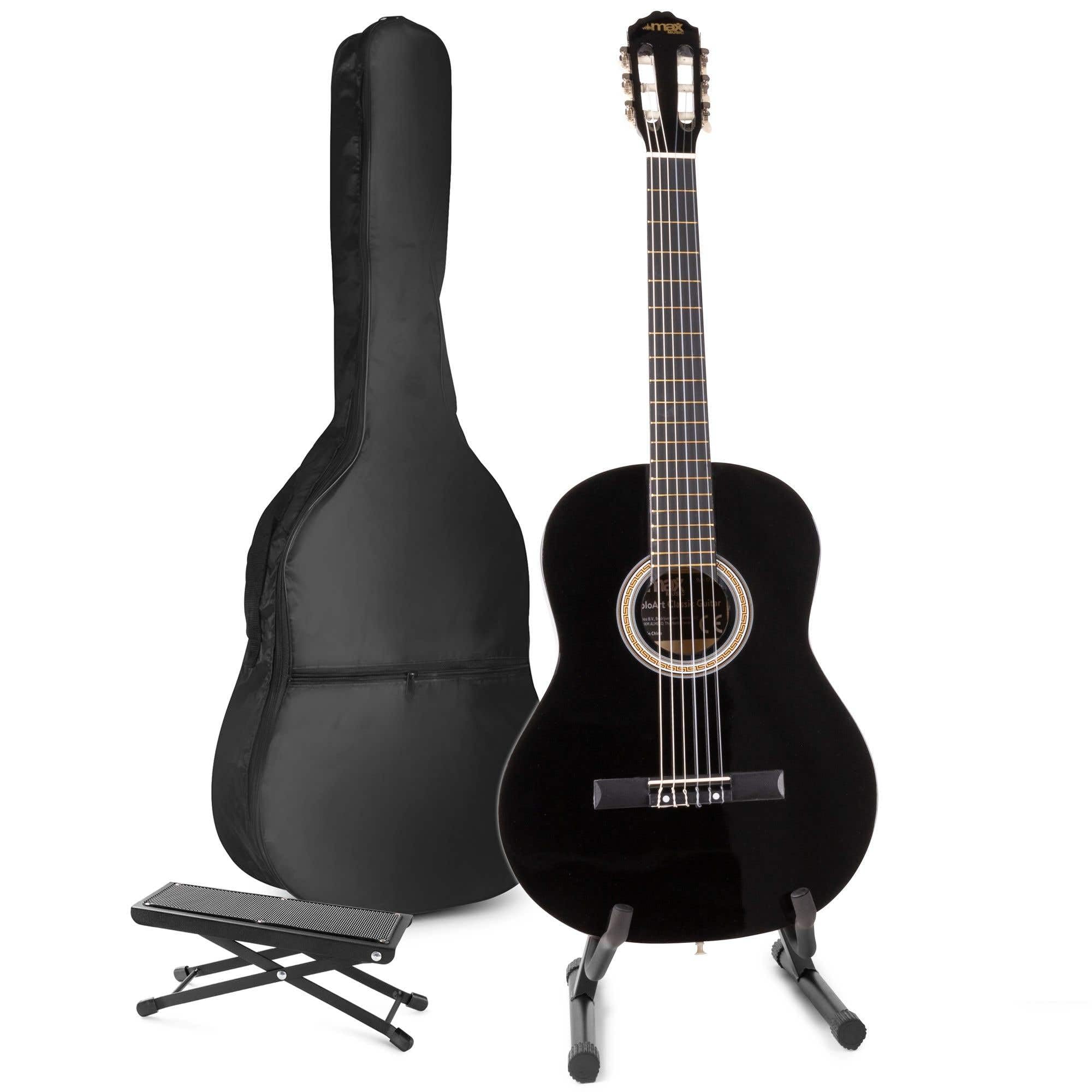 MAX SoloArt Guitare Acoustique Classique avec Support de Guitare et Repose-Pied - Noir, Idéal pour Débuter la Guitare