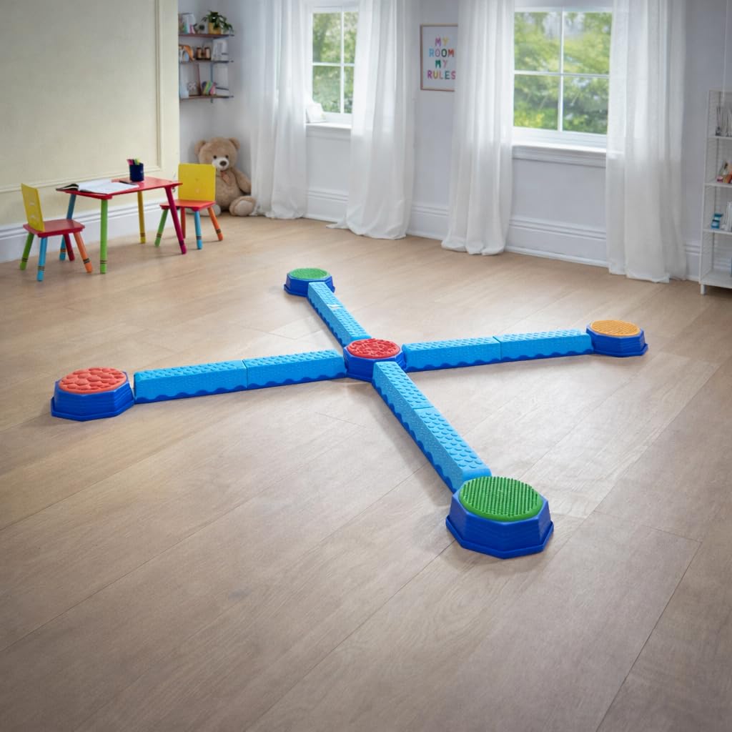 Play Factory Balance Beam Set with Sensory Stepping Stones — 9-Piece Kids Balance Play Set