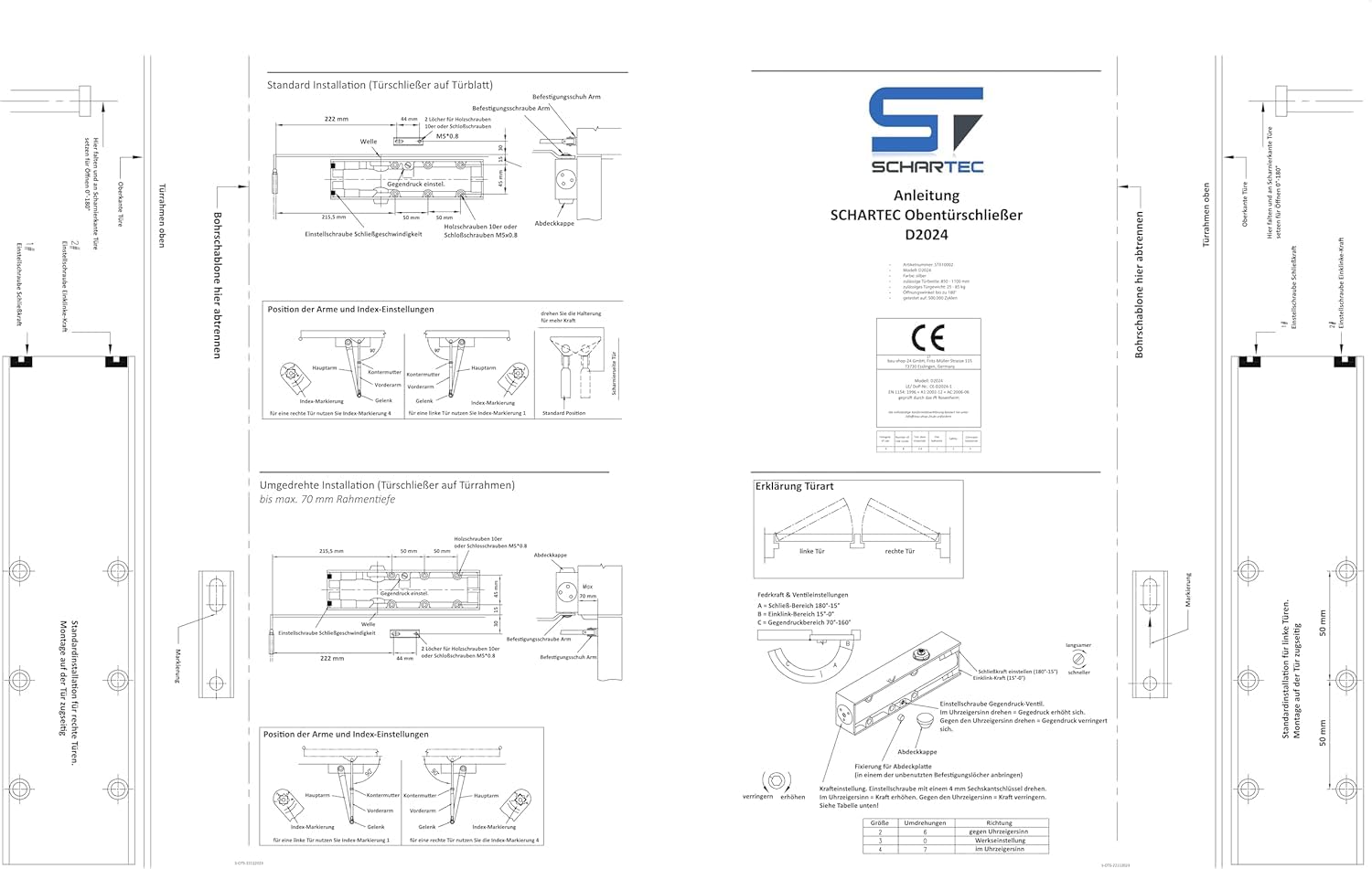 SCHARTEC Ferme-porte D2024, Fermeture Porte jusqu'à 85 kg et 110 cm de large - Ferme-porte automatique hydraulique réglable pour porte intérieure