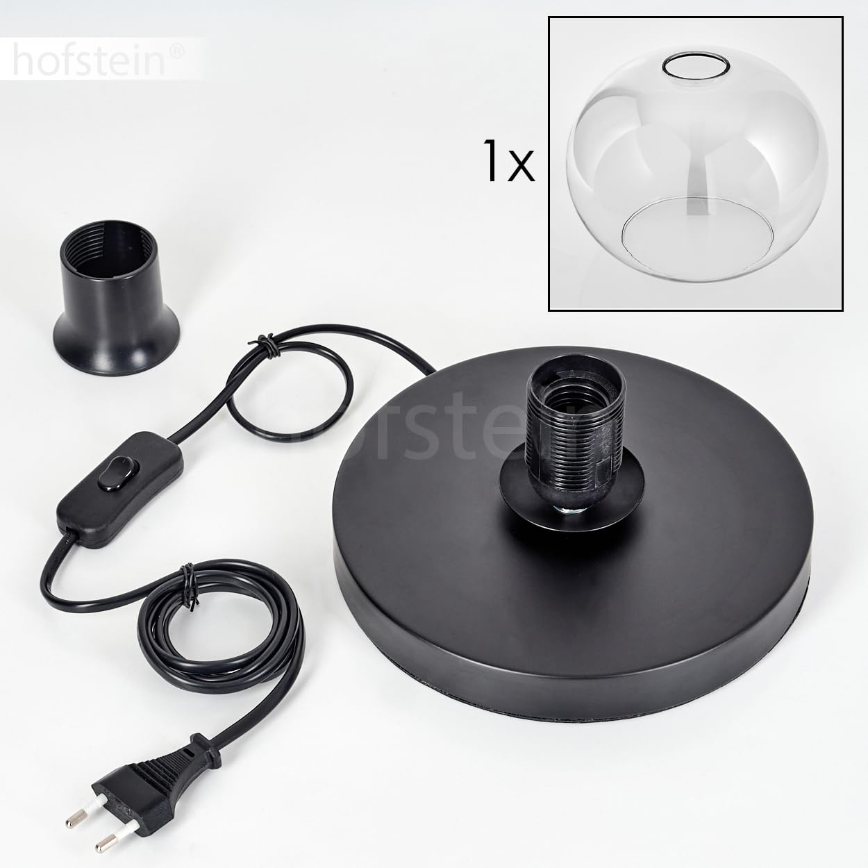 Tischleuchte Apedo, Tischlampe aus Metall/Glas in Schwarz/Klar, Leuchte im modernen Retro/Vintage-Design mit Schirm aus Glas (Ø 20 cm) u. An/-Auschalter am Kabel, 1 x E27, ohne Leuchtmittel