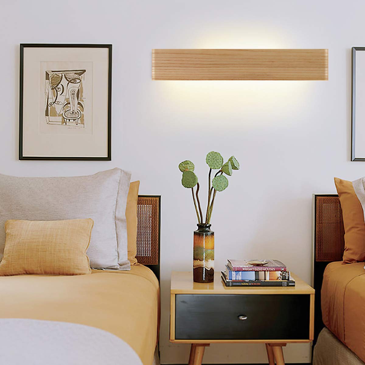 Aplique LED de Pared Interior de Madera - Lámpara de Arriba y Abajo para Sala de Estar, Dormitorio, Pasillo, Escalera - Iluminación Blanco Cálido (52cm)