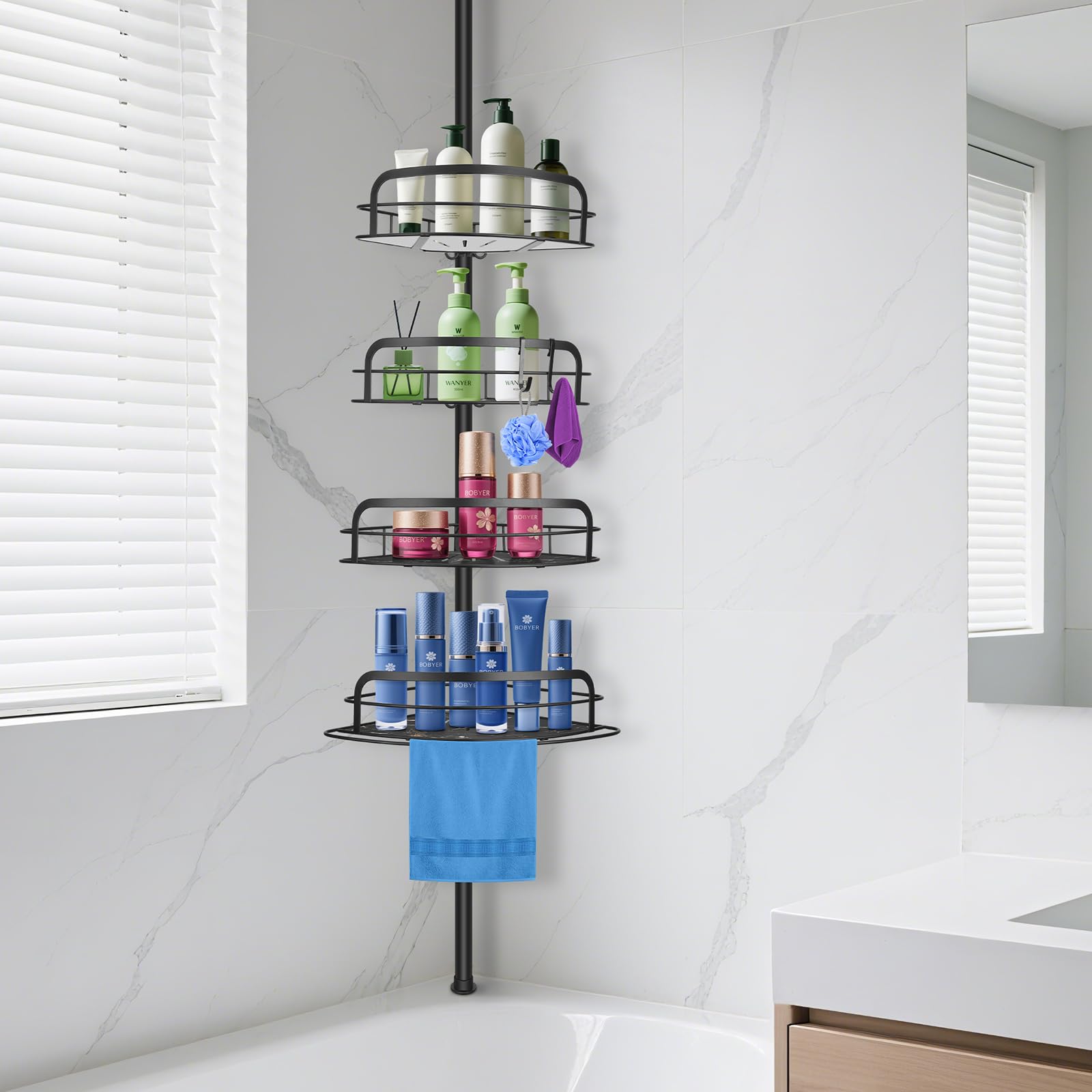 BlumWay Corner Shower Caddy Tension Pole 4-Tier Adjustable Shower Organizer Shelves Rustproof Bathroom Shower Organizer Corner Shelf for