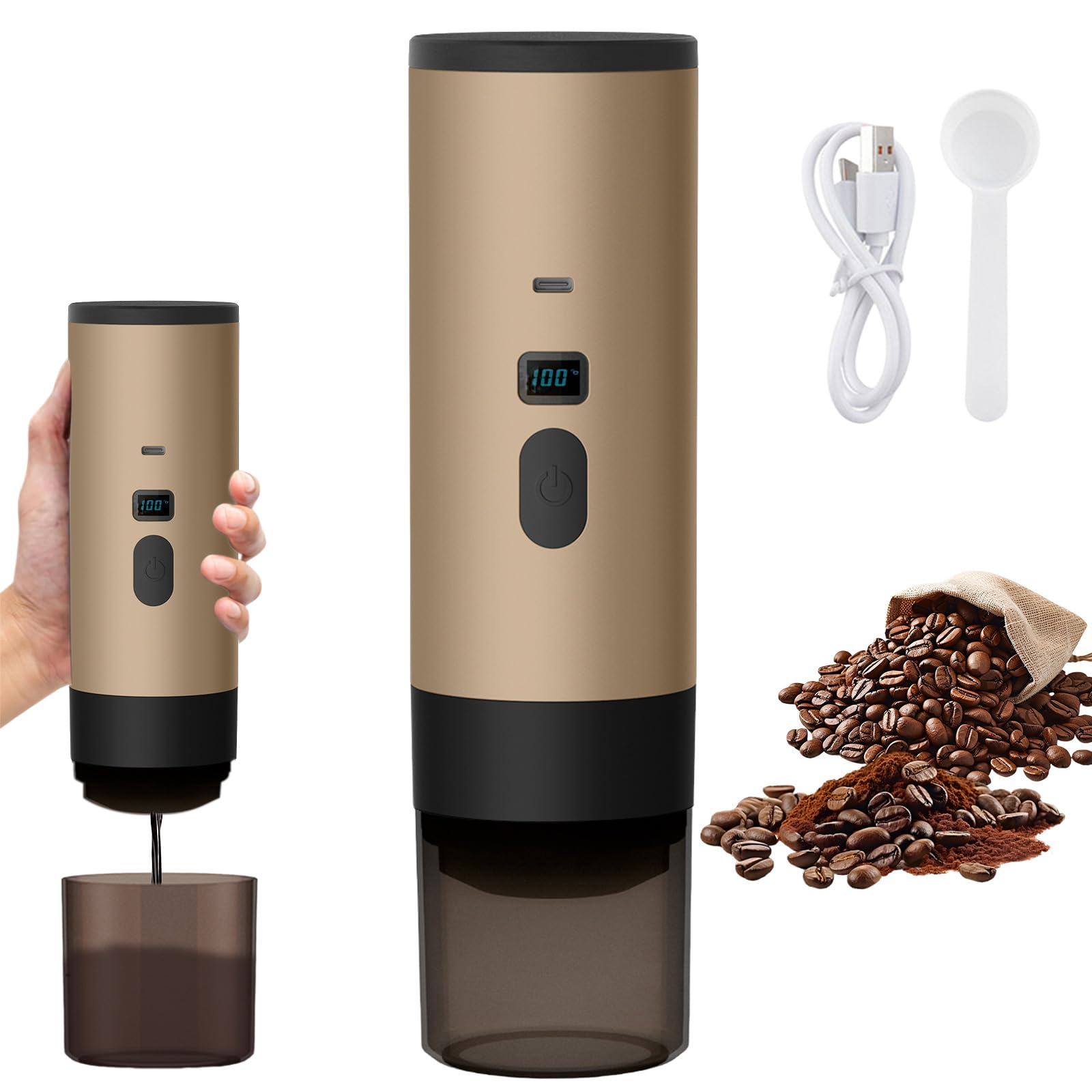 Cafetera de café 3 en 1 con cápsulas, cafetera espresso portátil, máquina de espresso de 15 bares, para oficina, viaje, camping, hogar (Champagner)