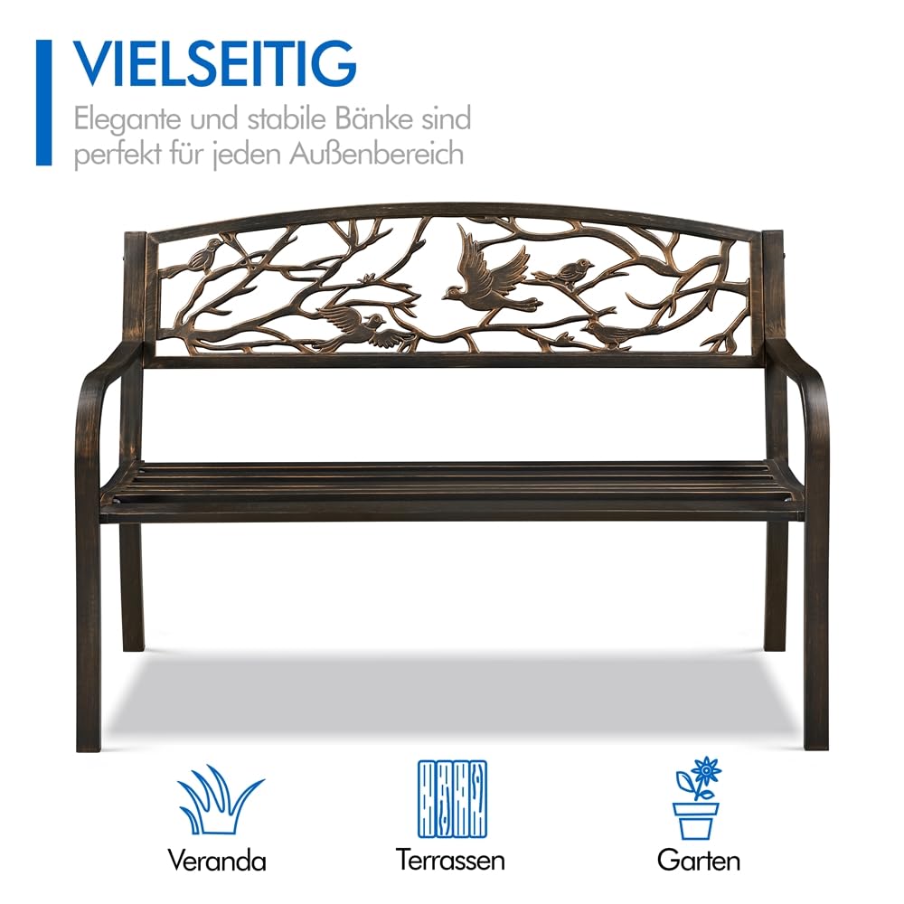 Yaheetech Gartenbank für 3 Personen Metallbank mit Vogelmuster, Bronze | Sitzbank im Retro-Stil Gartenbank Eisenbank Ruhebank im Retro-Stil mit Rückenlehne & Armlehne für Hof/Garten/Terrasse/Balkon