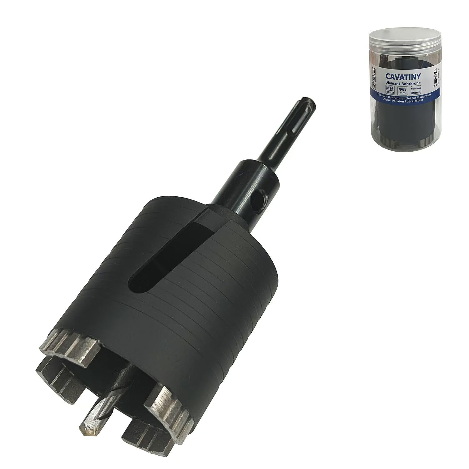 Broca avellanadora de diamante de 68 mm, altura de segmento de 10 mm con alojamiento M16 de 80 mm de longitud útil, adaptador SDS-plus, corona de perforación para hormigón, ladrillo hueco,