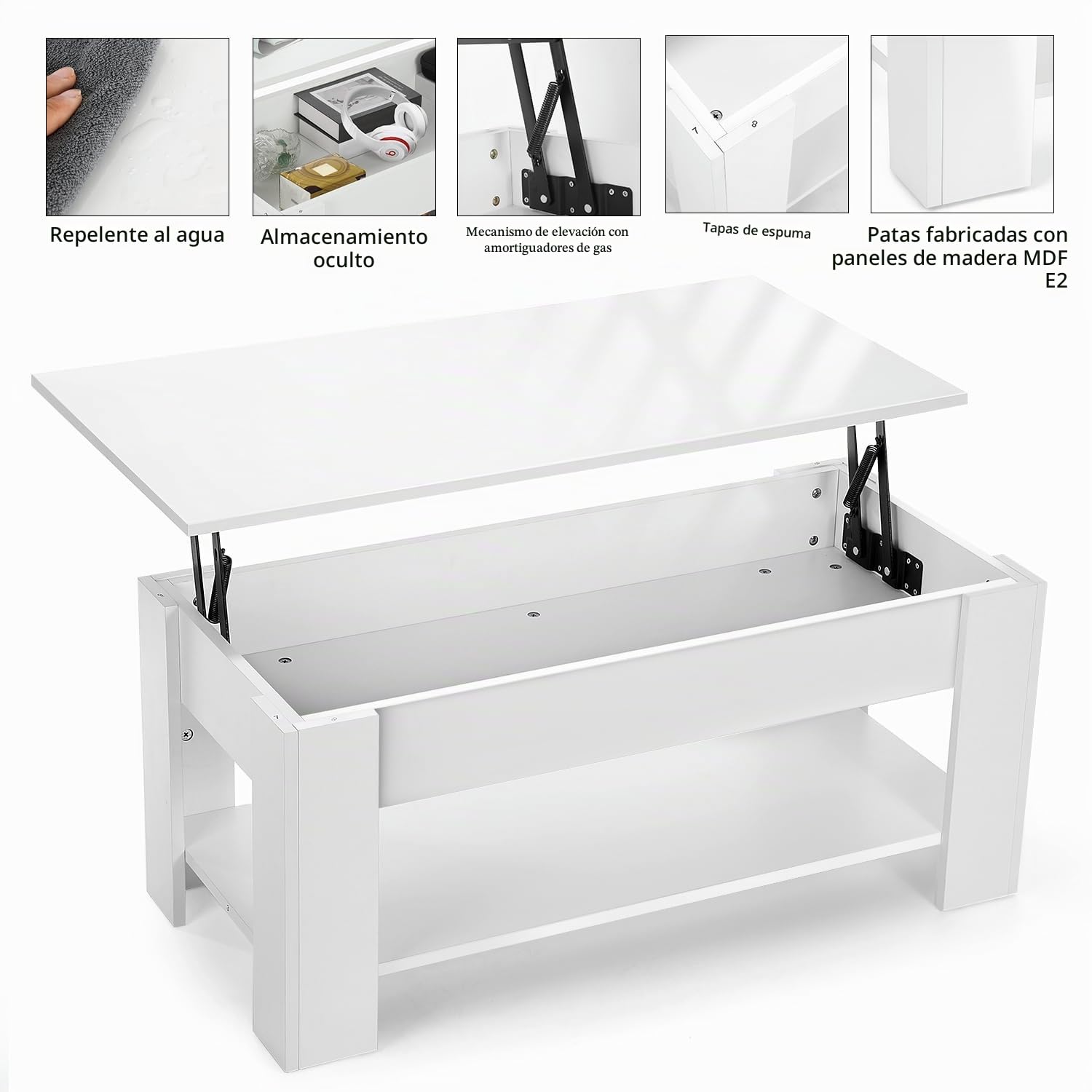 Mesa de Centro Elevable y Extensible, Mesa de Salón o Comedor Mesita Cafe con Almacenaje y Estante Almacenamiento Oculto Modernos Blanco 98x50x(42-56) cm
