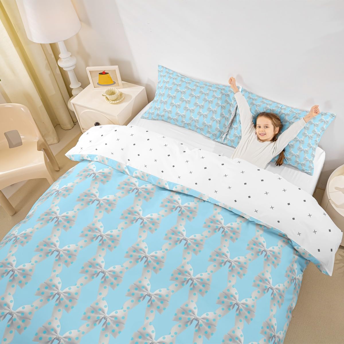 Homewish Urocza niebieska kokarda super king poszewka na kołdrę dziewczyny kropki kokardka zestaw pościeli dla dzieci nastolatków wstążka muszka poszewka na kołdrę geometryczny węzeł motyl