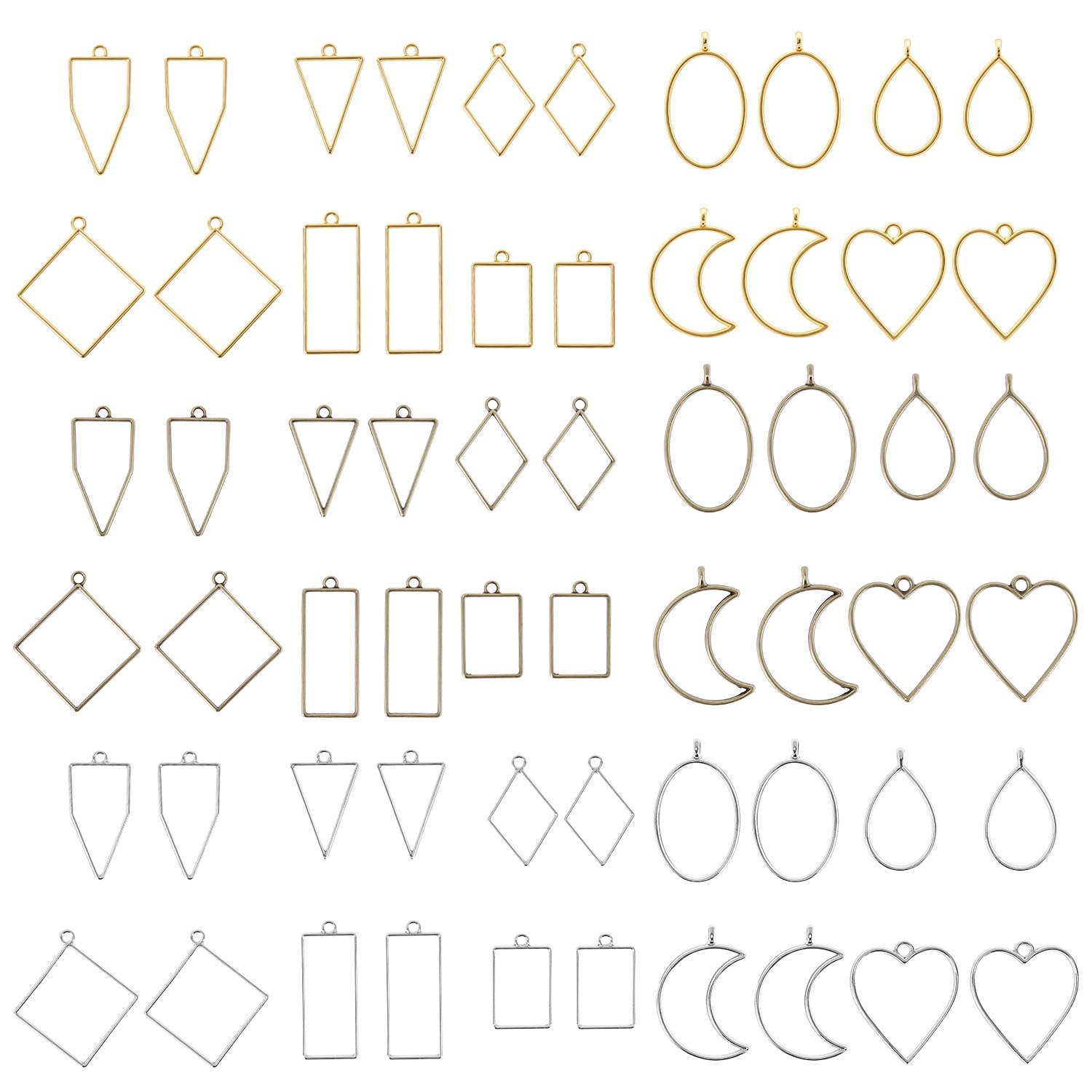 QWORK® 60pcs Geometric Hollow Frame Pendants - Alloy Resin Craft Bezels in 10 Shapes for DIY Jewelry Making Supplies