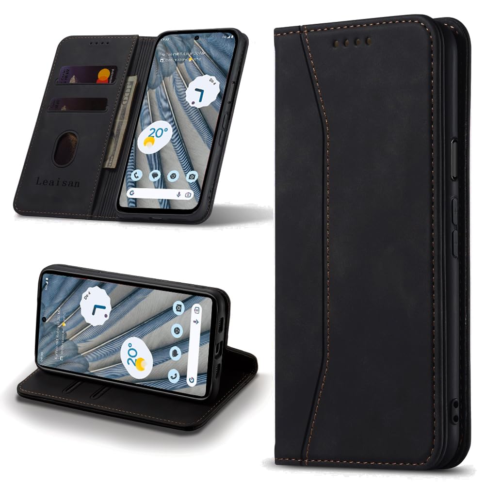 Leaisan Mobile Phone Case for Google Pixel 7A Case Premium Leather Flip Foldable Shockproof Magnetic [Stand Function] [Card Slots] Protective Case for Pixel 7A Case - Black