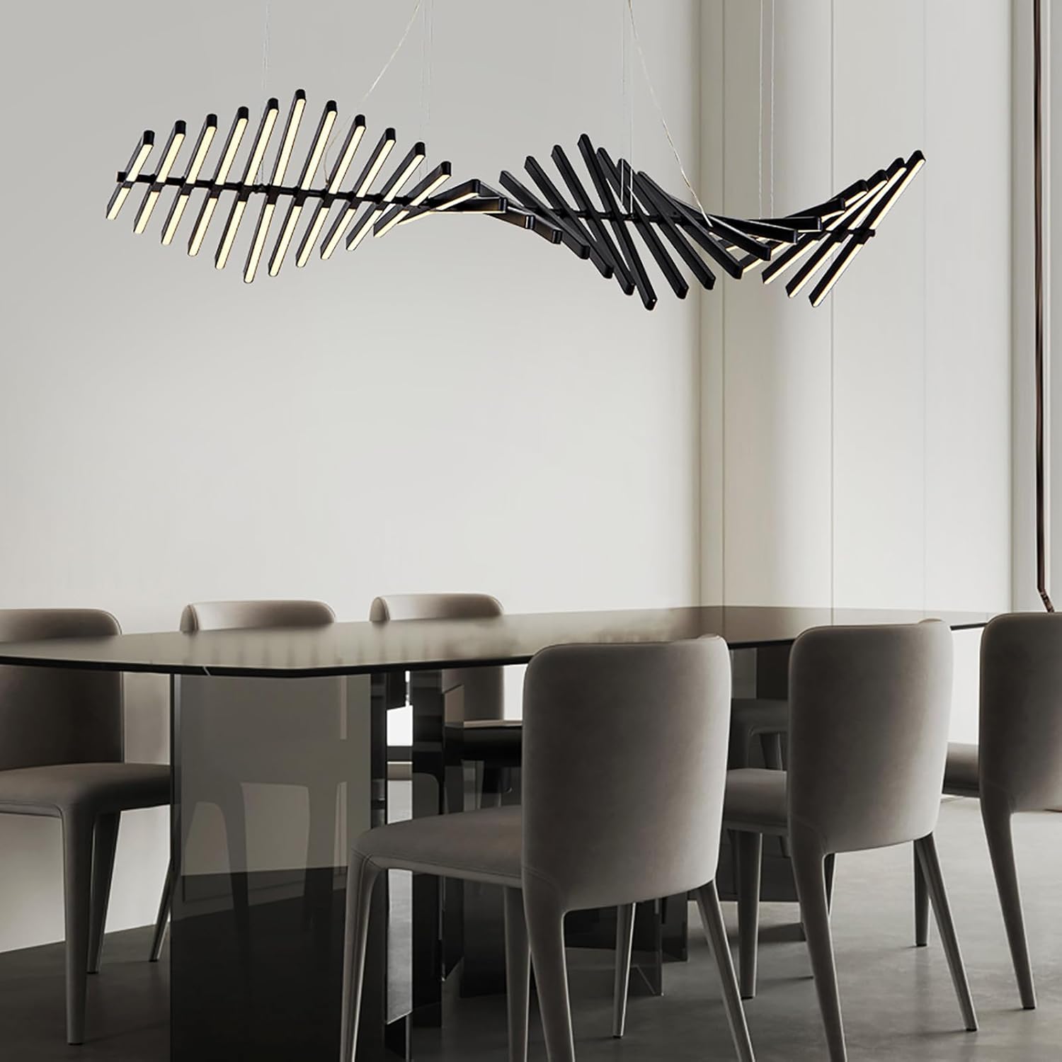 Designer Chandelier Modern Style Dimmable LED Pendant Light Remote Control Kitchen Island Dining Room Hanging Lamp (Matte Black, 30 Lights)