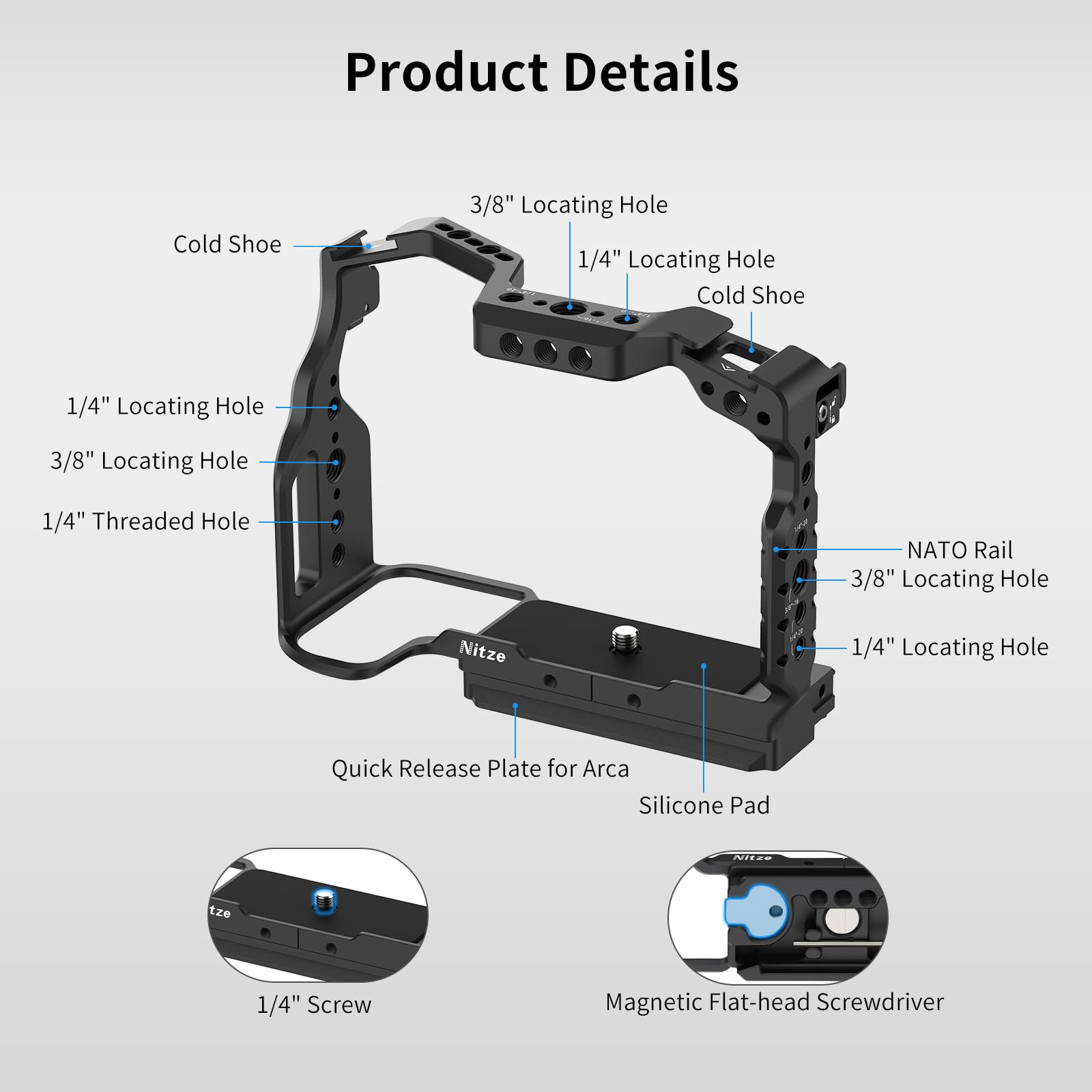 Nitze Gabbia Z50II per Nikon Z50 II, Cage in Lega di Alluminio con 2 Cold Shoes Incorporate, Guida NATO e Piastra a Sgancio Rapido per Arca-Swiss, Supporta Riprese Orizzontali e Verticali - T-N06A