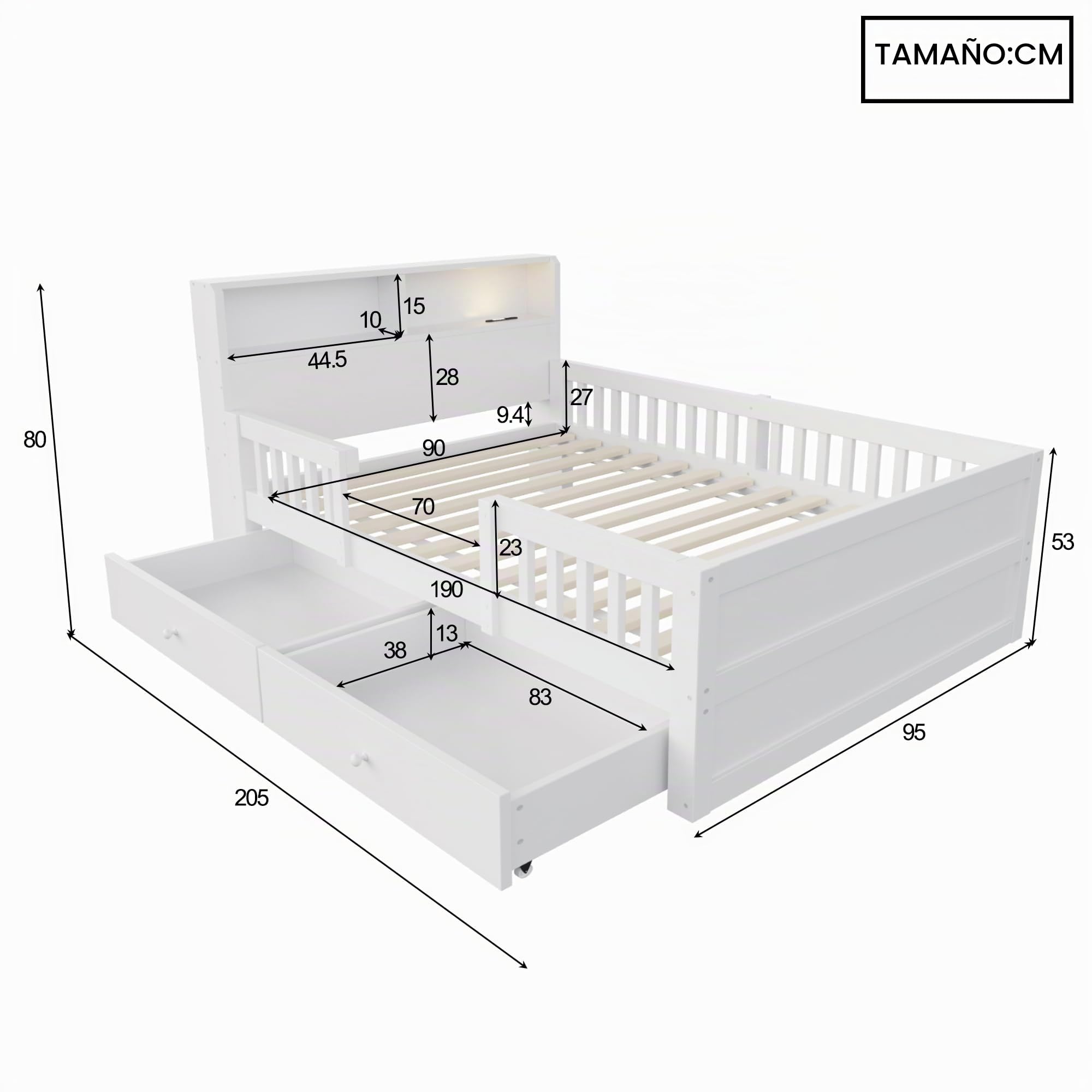 Cama de Madera de 90x190 cm, cabecero con repisa, Color Blanco