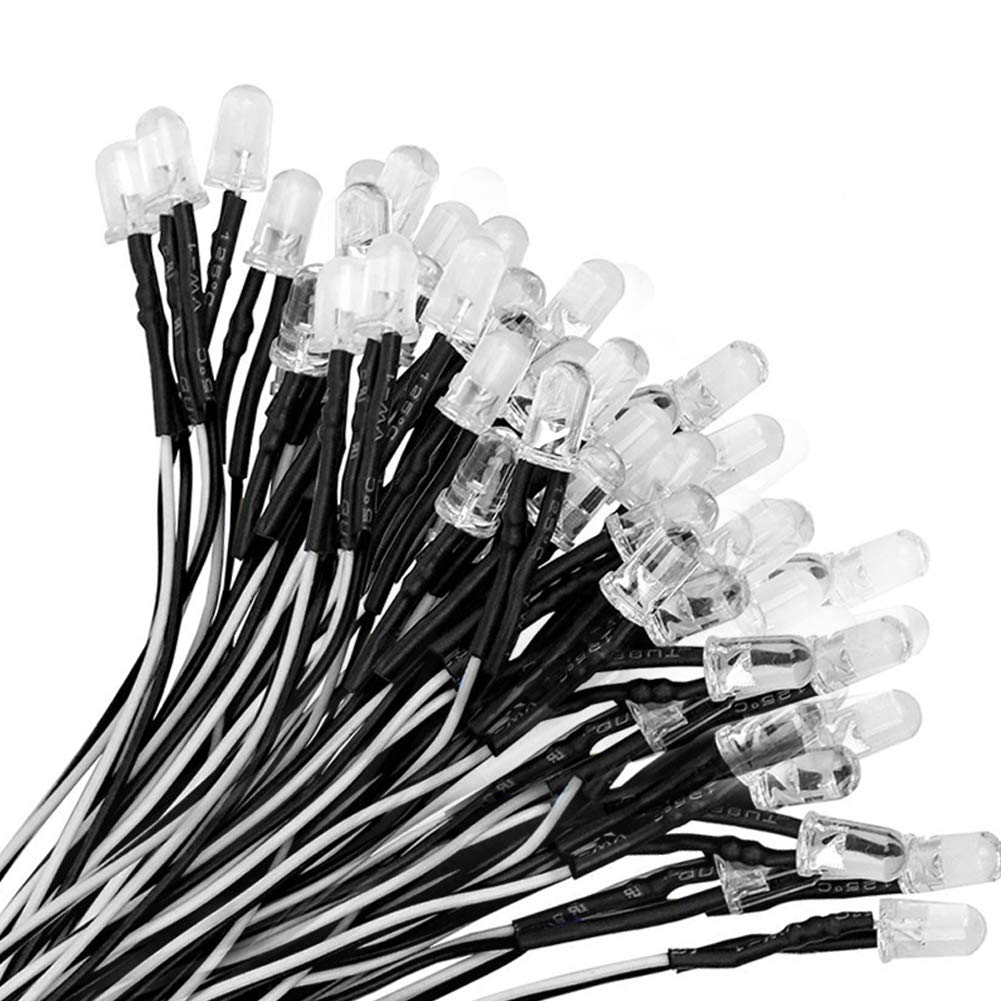 YIXISI 100 PCS 5mm LED Diodes Light, Emitting Diode, Round Head LED Lamp, Ultra Bright 12V, 20cm Pre Wired, Cold White