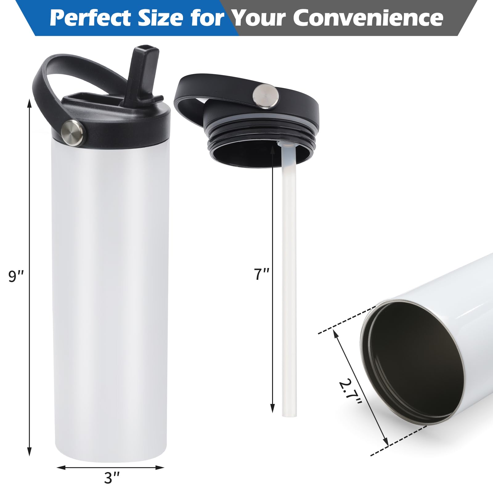 25 Pack Sublimation Tumblers Flat Edge Blanks Skinny Straight 20 oz, Stainless Steel Double Wall Insulated Sublimation Water Bottles with Portable Handle & Straw Lids for Heat Transfer, White