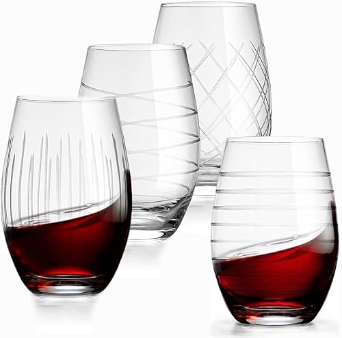 Miniatura 1 de Set of 4 Etched Stemless Wine Glasses - Wine Tumbler Drinking Glass Cups - Kitchen Water Glasses Gift Cup Sets - Lowball Cocktail Glasses for