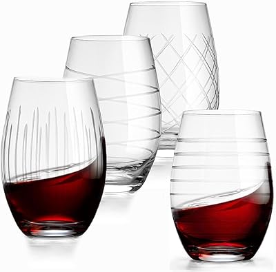 Set of 4 Etched Stemless Wine Glasses - Wine Tumbler Drinking Glass Cups - Kitchen Water Glasses Gift Cup Sets - Lowball Cocktail Glasses for Wedding Anniversary Drink