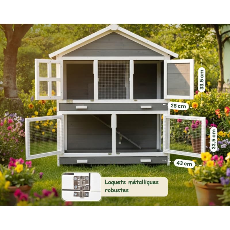Cage Clapier Enclos pour Lapins Extérieur et intérieur en Bois 115 x 60 x 118 cm. Modele Murmel