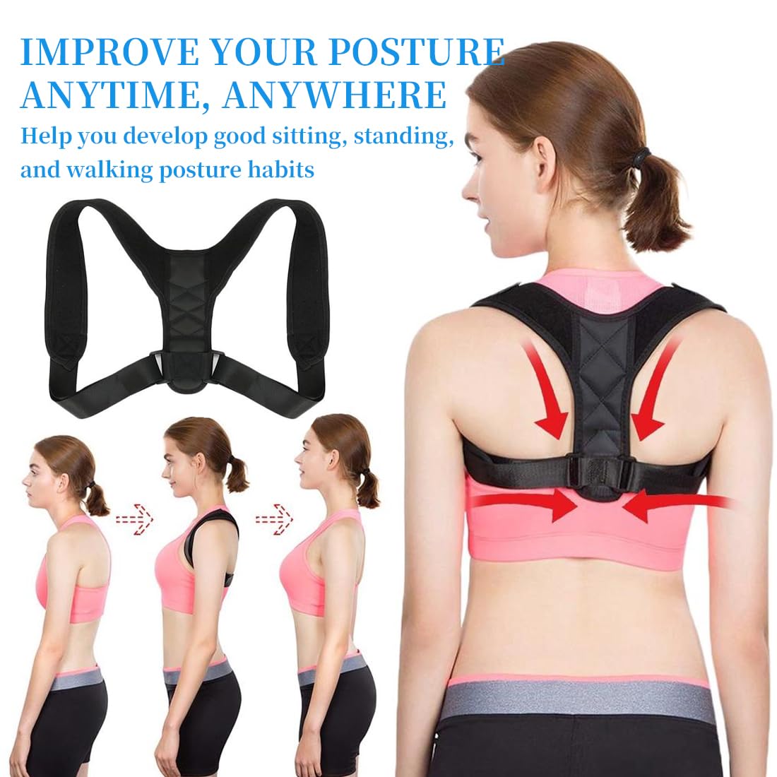 QEXUJOW Supporti per spalle,1 Correttore posturale regolabile per spalle e schiena, nero, spallacci regolabili, supporto per la schiena, stabilizzatore per la schiena, unisex - 3