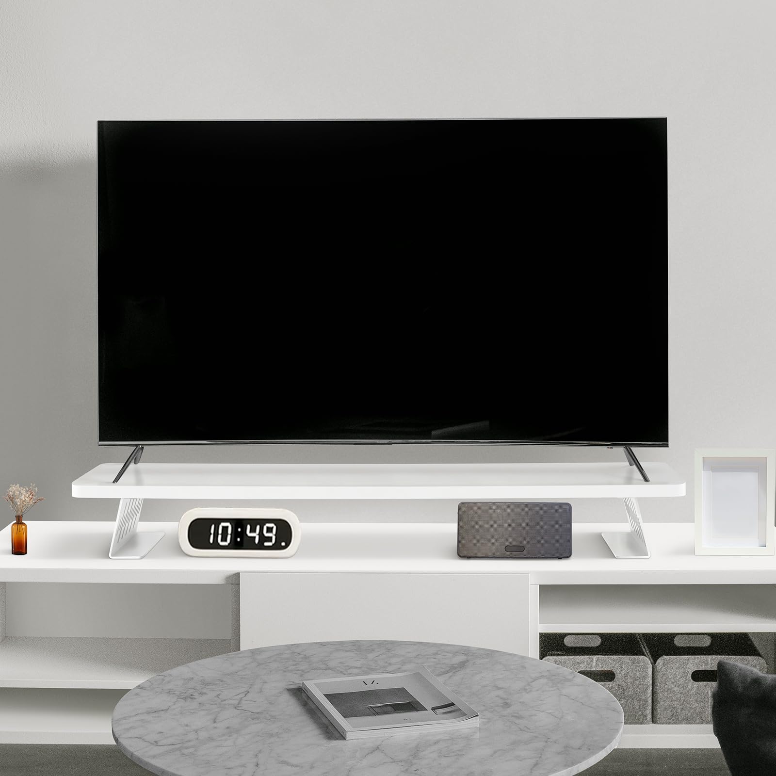 Supporto rialzato in legno per monitor 80x23,5x10 cm, supporti per monitor da scrivania, rialzo per doppio monitor e TV, robusto ripiano da scrivania per l'ufficio domestico, Bianco
