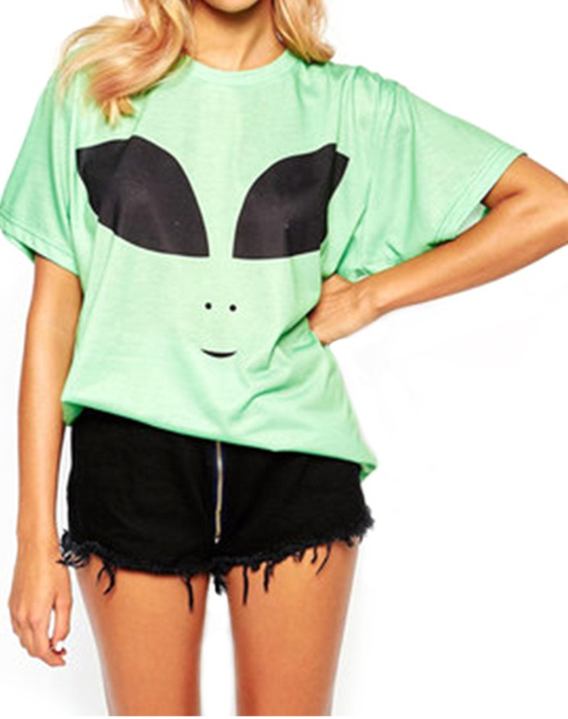 Womens Funny Super Aliens Face Printing Tee Green