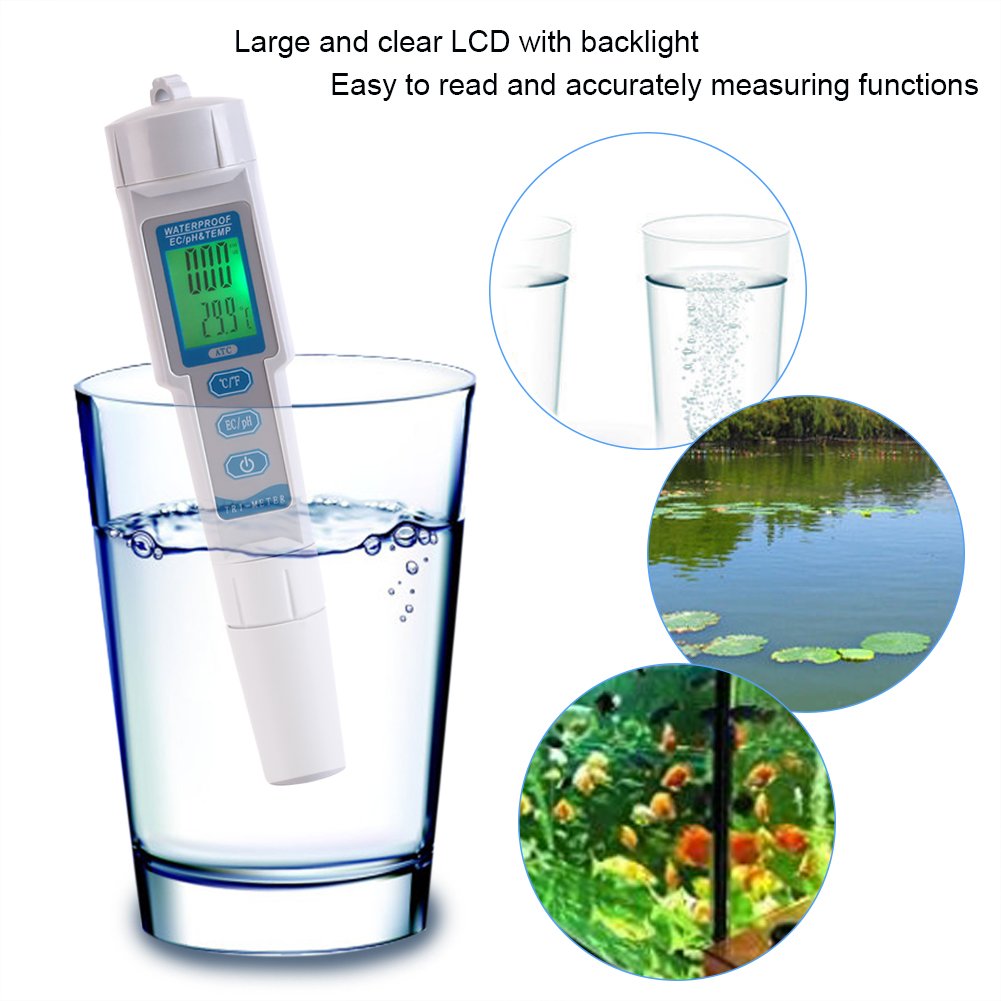 Medidor de pH digital 3 en 1 Medidor EC y medidor de temperatura 0,01 PH Probador de calidad del agua de alta precisión para beber en el hogar, piscinas y acuarios