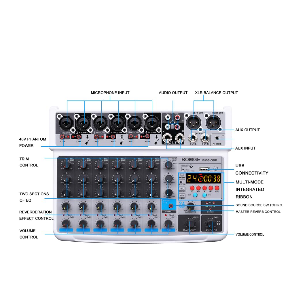 BOMGE 8 channel mini audio mixer Line Mixer ，DC 5V，with MP3 Player,Bluetooth, U disk 48V,24DSP effects, USB recording Ideal for Small Clubs or Bars, Studio Recording (8 channels-WHITE)