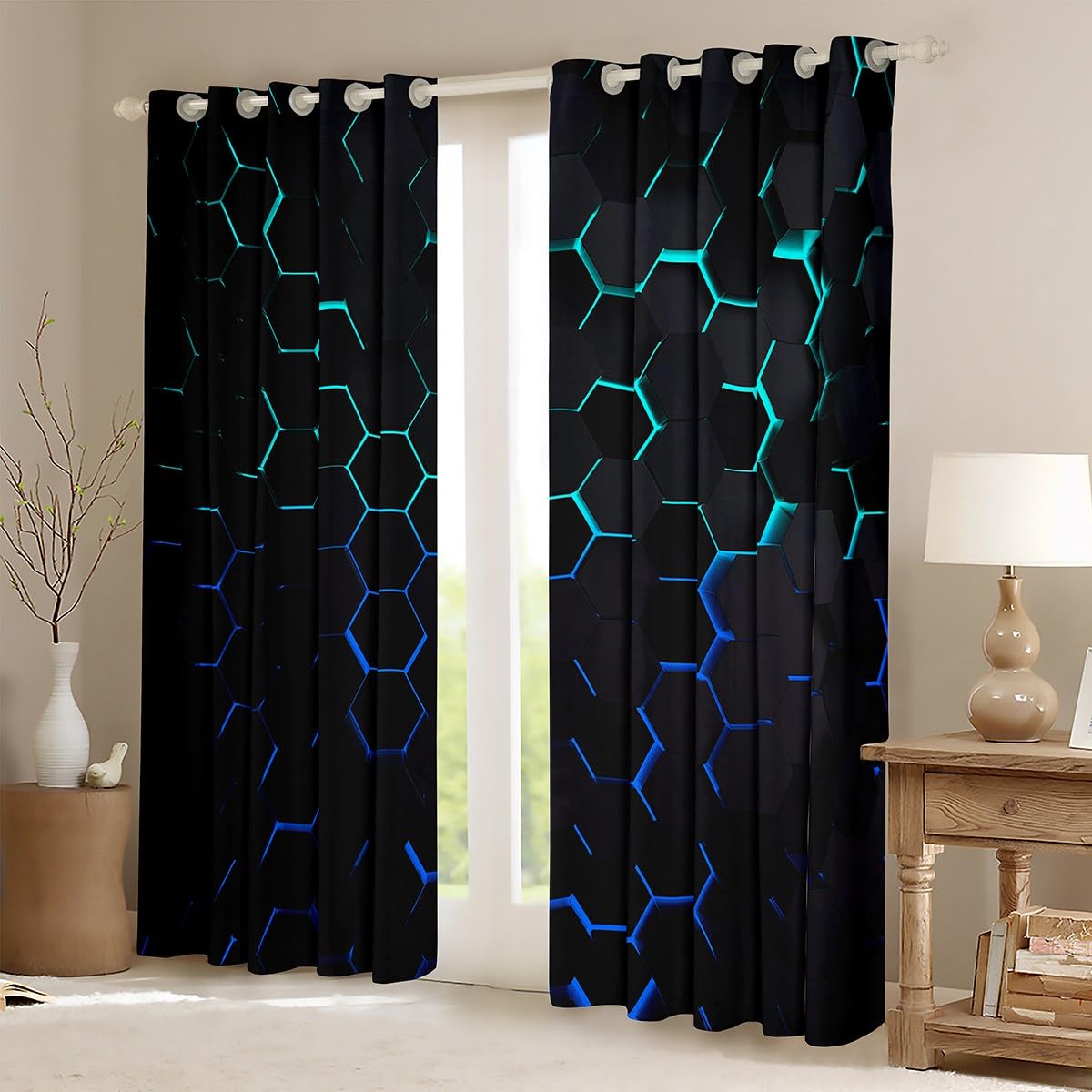 Geometric Honeycomb Window Curtains,Teal Blue Curtain,Hexagon Window Drapes for Kids Teens Boys Young Man,Modern Bedroom Decorative,Modern Geometry Curtain,38Wx54L