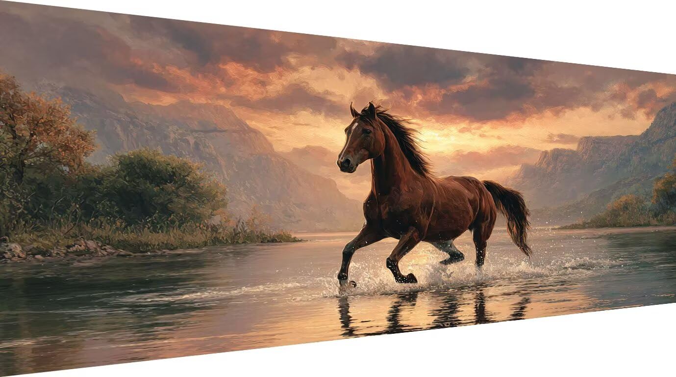 XXL diamentowy obraz koń 90 x 180 cm, zmierzch obraz diamentowy dla dorosłych 5D kompletny zestaw, DIY haft diamentowy początkujący, ścieg krzyżykowy aktywność ręczna relaks, dekoracja ścienna, pomysł