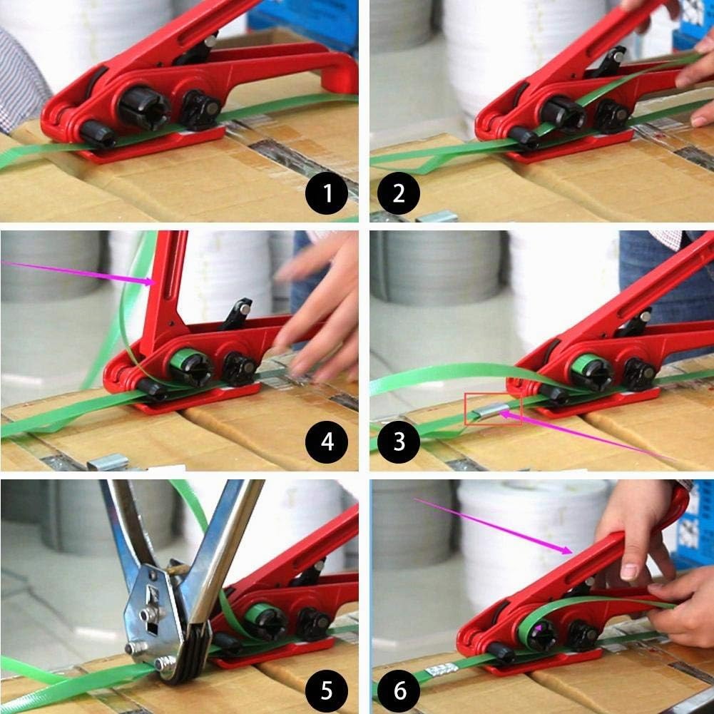 Ruban Manuel de Cerclage Tendeur Emballage Pince Cercleuse Machine Etanchéité Combinaison Outil Reliure Liaison Cutter pour 16~19mm PET/PP Bande(rouge)